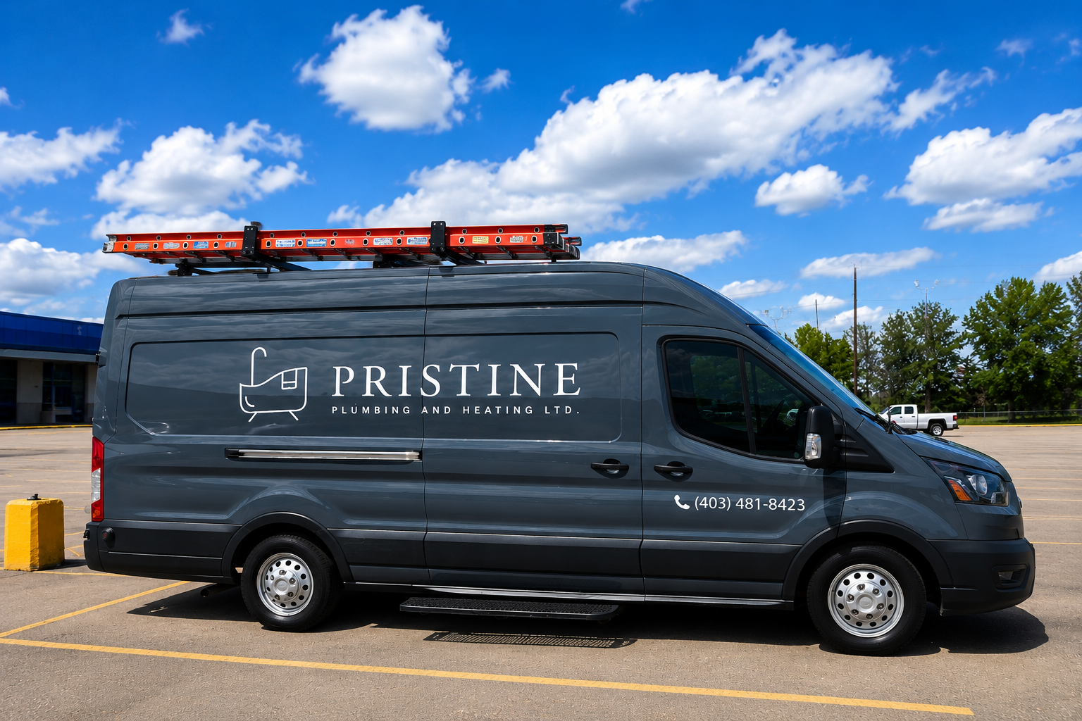 Pristine Plumbing and Heating service van with ladder rack